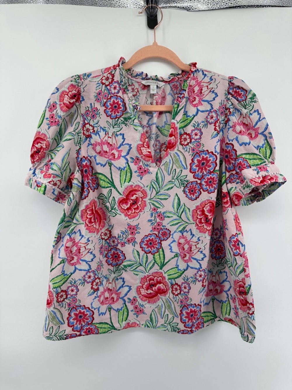 Crown&Ivy Boho Cottagecore Romantic Southern Belle Chic Floral Pink Blouse SzL